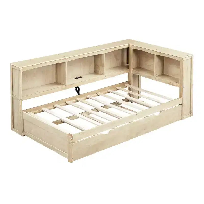 Divano letto singolo in legno con letto estraibile e armadietto, struttura letto a terra con mensole a libreria a L e porte USB per la camera da letto