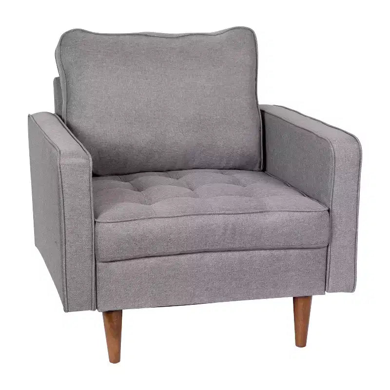 Poltrona compatta Mid-Century Modern, rivestimento in finto lino trapuntato, gambe in legno massello, 227 kg