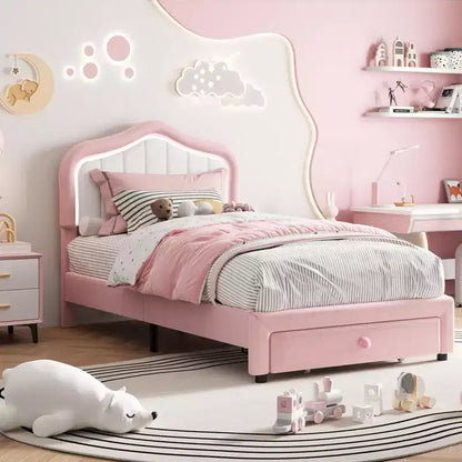 Struttura letto singolo imbottita, graziosa struttura letto in velluto con testiera, luci e cassetti portaoggetti, adatta ai bambini, non è richiesta la rete a molle