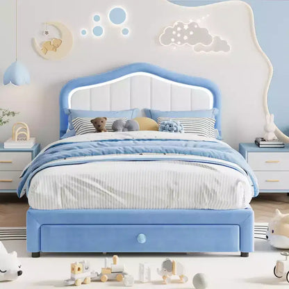Upholstered single bed frame, lovely velvet bed frame with headboard, light and storage drawers, suitable for children, no box spring required