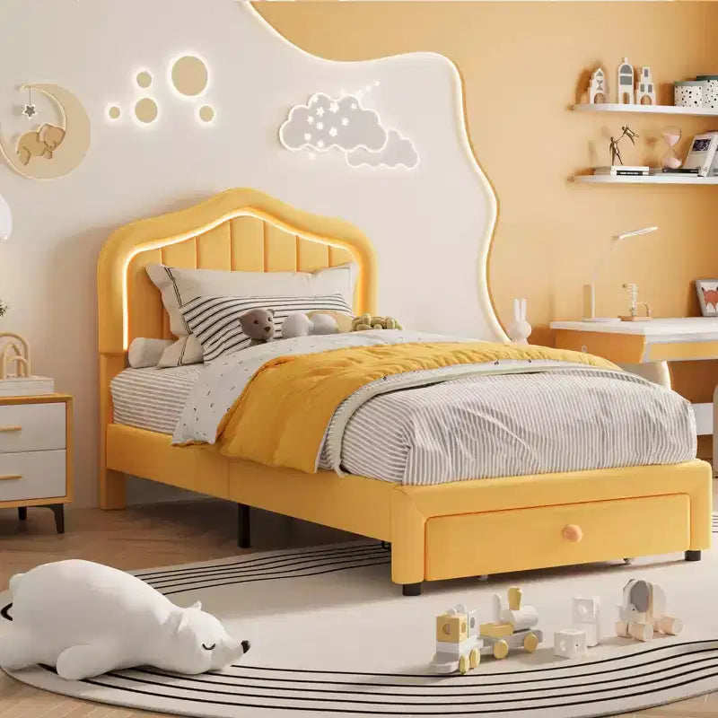 Struttura letto singolo imbottita, graziosa struttura letto in velluto con testiera, luci e cassetti portaoggetti, adatta ai bambini, non è richiesta la rete a molle