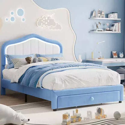 Struttura letto singolo imbottita, graziosa struttura letto in velluto con testiera, luci e cassetti portaoggetti, adatta ai bambini, non è richiesta la rete a molle