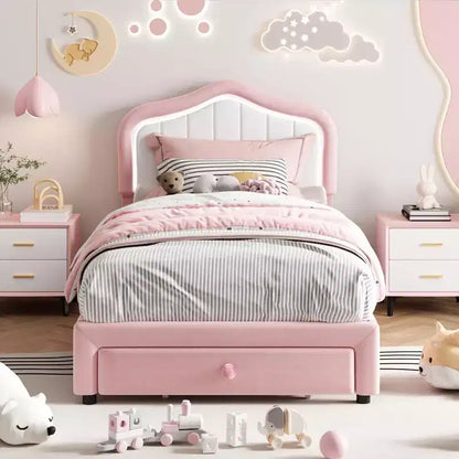 Struttura letto singolo imbottita, graziosa struttura letto in velluto con testiera, luci e cassetti portaoggetti, adatta ai bambini, non è richiesta la rete a molle