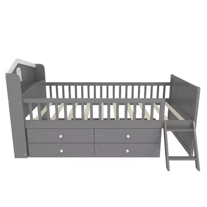 Letto a soppalco basso per ragazzi Twin Size con 4 cassetti contenitori, letto a soppalco in legno con sponde, testiera e scaletta, letto a piattaforma singolo per bambini