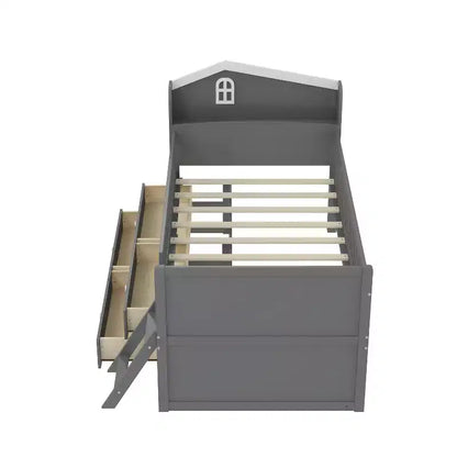 Letto a soppalco basso per ragazzi Twin Size con 4 cassetti contenitori, letto a soppalco in legno con sponde, testiera e scaletta, letto a piattaforma singolo per bambini