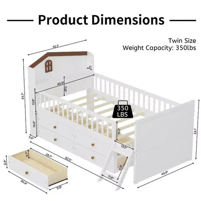 Letto a soppalco basso per ragazzi Twin Size con 4 cassetti contenitori, letto a soppalco in legno con sponde, testiera e scaletta, letto a piattaforma singolo per bambini
