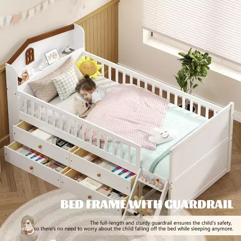 Letto a soppalco basso per ragazzi Twin Size con 4 cassetti contenitori, letto a soppalco in legno con sponde, testiera e scaletta, letto a piattaforma singolo per bambini