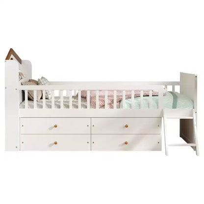 Letto a soppalco basso per ragazzi Twin Size con 4 cassetti contenitori, letto a soppalco in legno con sponde, testiera e scaletta, letto a piattaforma singolo per bambini