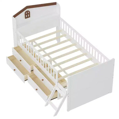 Letto a soppalco basso per ragazzi Twin Size con 4 cassetti contenitori, letto a soppalco in legno con sponde, testiera e scaletta, letto a piattaforma singolo per bambini