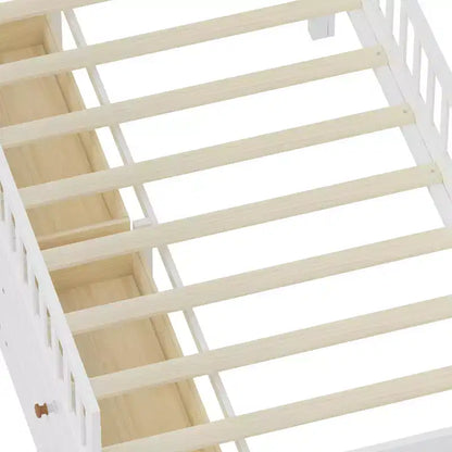 Letto a soppalco basso per ragazzi Twin Size con 4 cassetti contenitori, letto a soppalco in legno con sponde, testiera e scaletta, letto a piattaforma singolo per bambini