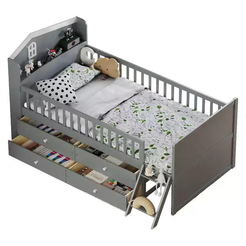 Letto a soppalco basso per ragazzi Twin Size con 4 cassetti contenitori, letto a soppalco in legno con sponde, testiera e scaletta, letto a piattaforma singolo per bambini