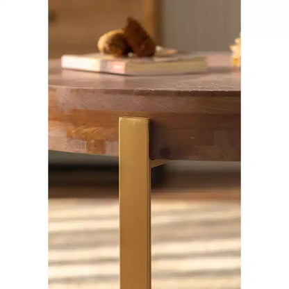 Tavolino da caffè rotondo moderno, con un design in metallo e legno, adatto per casa, ufficio e per arredare.
