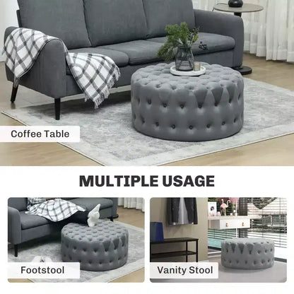 Tavolino rotondo ottomano con rivestimento effetto velluto, design capitonné e seduta imbottita