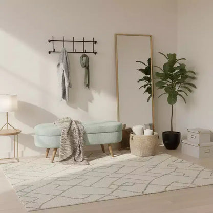 Panca contenitore ovale imbottita con coperchio trapuntato, tessuto in velluto, gambe in legno per camera da letto