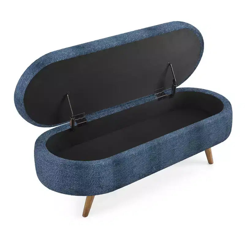 Panca contenitore ovale imbottita con coperchio trapuntato, tessuto in velluto, gambe in legno per camera da letto