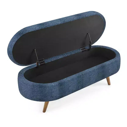 Panca contenitore ovale imbottita con coperchio trapuntato, tessuto in velluto, gambe in legno per camera da letto