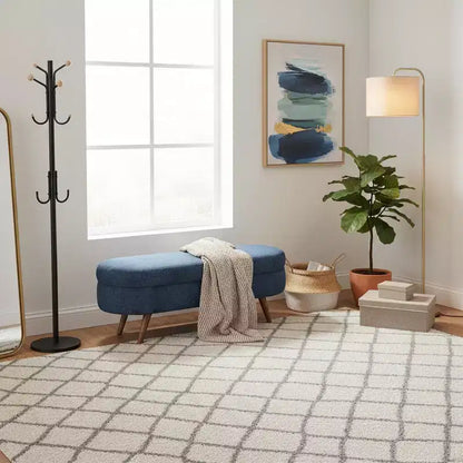 Panca contenitore ovale imbottita con coperchio trapuntato, tessuto in velluto, gambe in legno per camera da letto