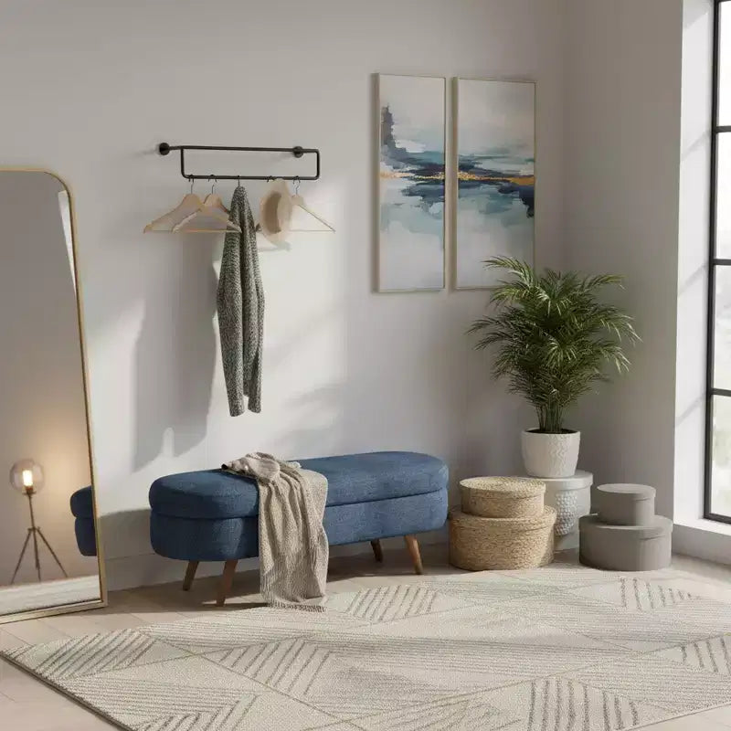 Panca contenitore ovale imbottita con coperchio trapuntato, tessuto in velluto, gambe in legno per camera da letto