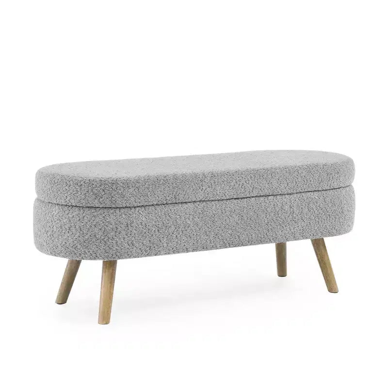Panca contenitore ovale imbottita con coperchio trapuntato, tessuto in velluto, gambe in legno per camera da letto