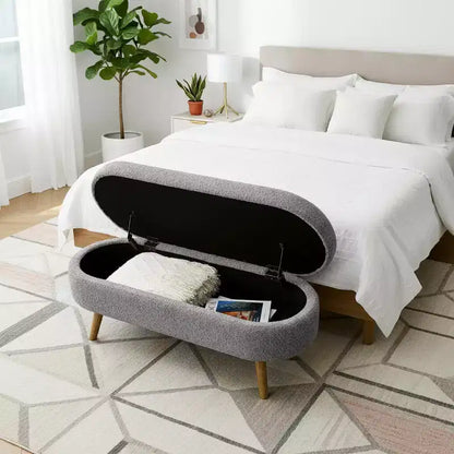 Panca contenitore ovale imbottita con coperchio trapuntato, tessuto in velluto, gambe in legno per camera da letto