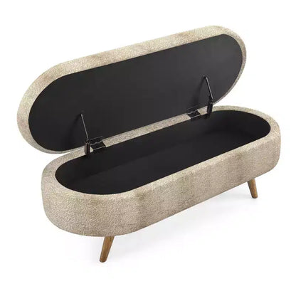 Panca contenitore ovale imbottita con coperchio trapuntato, tessuto in velluto, gambe in legno per camera da letto
