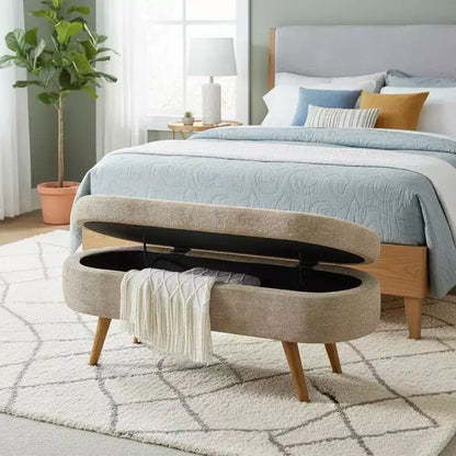 Panca contenitore ovale imbottita con coperchio trapuntato, tessuto in velluto, gambe in legno per camera da letto