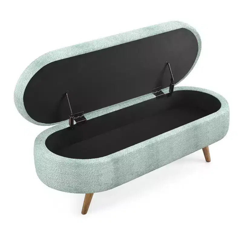 Panca contenitore ovale imbottita con coperchio trapuntato, tessuto in velluto, gambe in legno per camera da letto