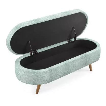 Panca contenitore ovale imbottita con coperchio trapuntato, tessuto in velluto, gambe in legno per camera da letto