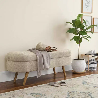 Panca contenitore ovale imbottita con coperchio trapuntato, tessuto in velluto, gambe in legno per camera da letto