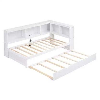 Divano letto singolo in legno con letto estraibile e armadietto, struttura letto a terra con mensole a libreria a L e porte USB per la camera da letto