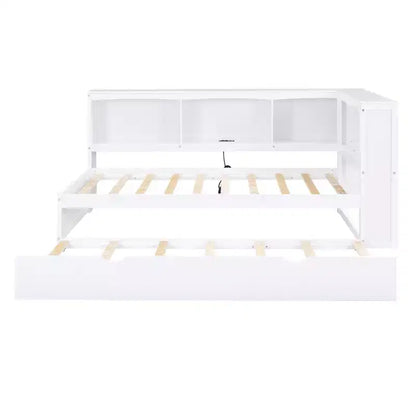 Divano letto singolo in legno con letto estraibile e armadietto, struttura letto a terra con mensole a libreria a L e porte USB per la camera da letto