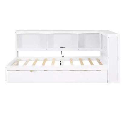 Divano letto singolo in legno con letto estraibile e armadietto, struttura letto a terra con mensole a libreria a L e porte USB per la camera da letto