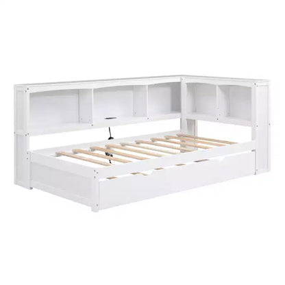 Divano letto singolo in legno con letto estraibile e armadietto, struttura letto a terra con mensole a libreria a L e porte USB per la camera da letto