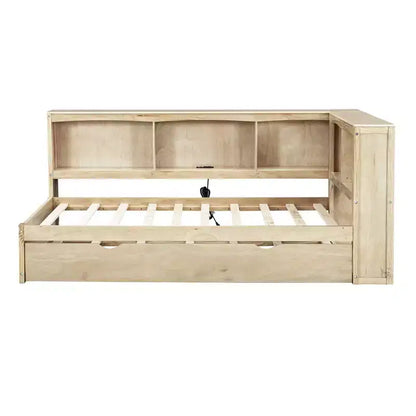 Divano letto singolo in legno con letto estraibile e armadietto, struttura letto a terra con mensole a libreria a L e porte USB per la camera da letto