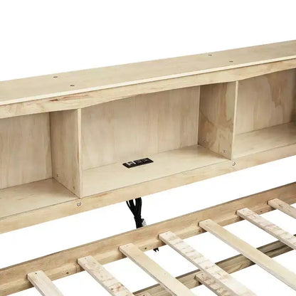 Divano letto singolo in legno con letto estraibile e armadietto, struttura letto a terra con mensole a libreria a L e porte USB per la camera da letto