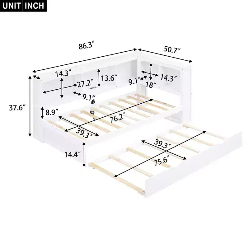 Divano letto singolo in legno con letto estraibile e armadietto, struttura letto a terra con mensole a libreria a L e porte USB per la camera da letto