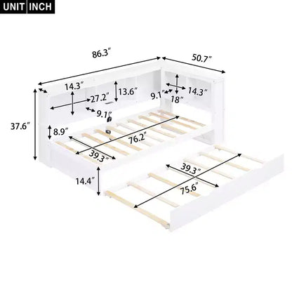 Divano letto singolo in legno con letto estraibile e armadietto, struttura letto a terra con mensole a libreria a L e porte USB per la camera da letto