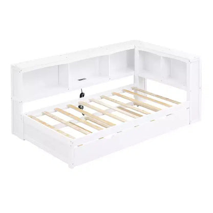 Divano letto singolo in legno con letto estraibile e armadietto, struttura letto a terra con mensole a libreria a L e porte USB per la camera da letto