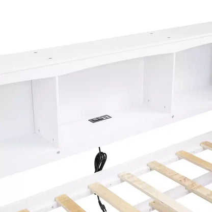 Divano letto singolo in legno con letto estraibile e armadietto, struttura letto a terra con mensole a libreria a L e porte USB per la camera da letto