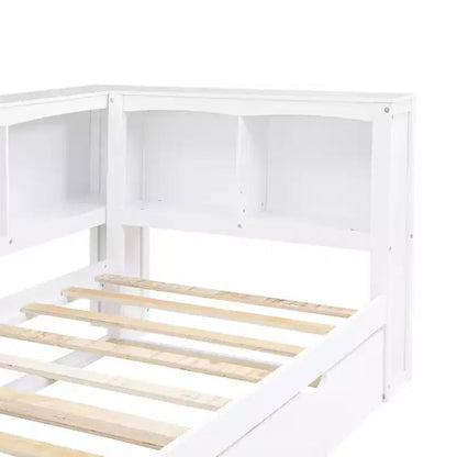 Divano letto singolo in legno con letto estraibile e armadietto, struttura letto a terra con mensole a libreria a L e porte USB per la camera da letto