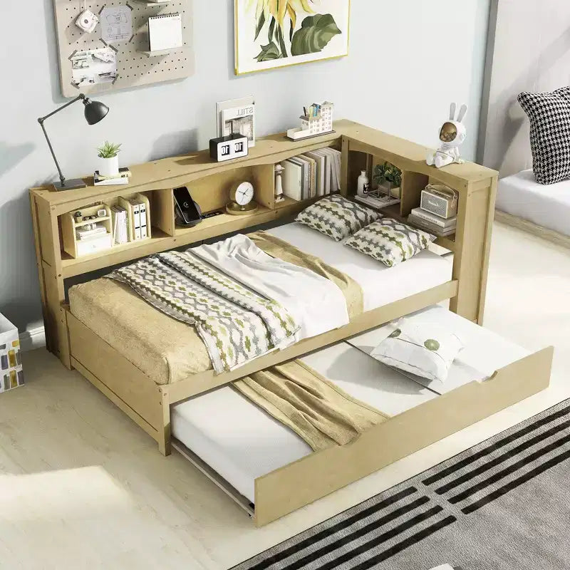 Divano letto singolo in legno con letto estraibile e armadietto, struttura letto a terra con mensole a libreria a L e porte USB per la camera da letto