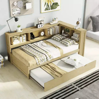 Divano letto singolo in legno con letto estraibile e armadietto, struttura letto a terra con mensole a libreria a L e porte USB per la camera da letto