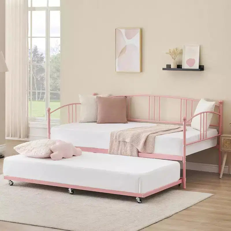 Lettino da giorno singolo con letto estraibile, divano letto con struttura in metallo per soggiorno e camere degli ospiti