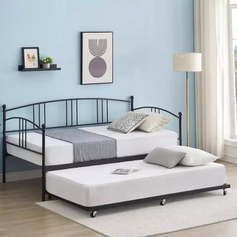 Lettino da giorno singolo con letto estraibile, divano letto con struttura in metallo per soggiorno e camere degli ospiti