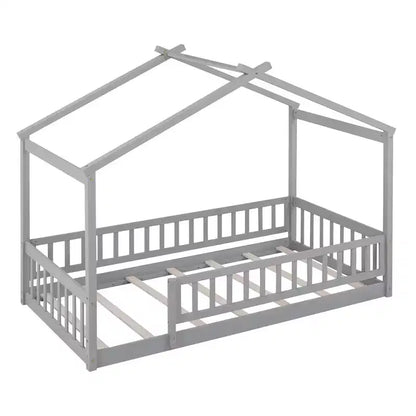 Struttura letto in legno per materasso singolo/una piazza e mezza, lettino a forma di casetta con recinzione per bambini/e, ragazzi/e