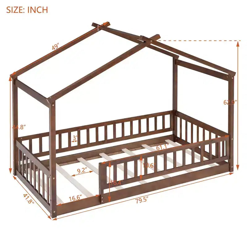 Struttura letto in legno per materasso singolo/una piazza e mezza, lettino a forma di casetta con recinzione per bambini/e, ragazzi/e