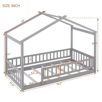 Struttura letto in legno per materasso singolo/una piazza e mezza, lettino a forma di casetta con recinzione per bambini/e, ragazzi/e