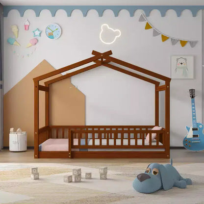 Struttura letto in legno per materasso singolo/una piazza e mezza, lettino a forma di casetta con recinzione per bambini/e, ragazzi/e