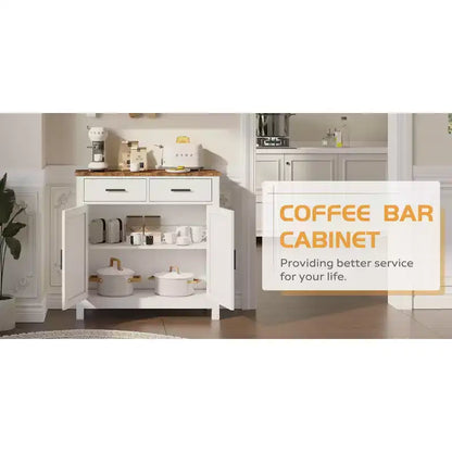 Una credenza da cucina in stile rustico moderno con due cassetti e due ante per riporre gli oggetti; può anche fungere da mobile bar indipendente.