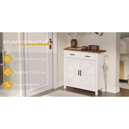Una credenza da cucina in stile rustico moderno con due cassetti e due ante per riporre gli oggetti; può anche fungere da mobile bar indipendente.